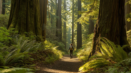 Naklejka premium Person Walking Peacefully on Forest Trail