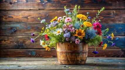Colorful mix of wildflowers in a rustic wooden vase, bohemian, vase, bohemian,vase