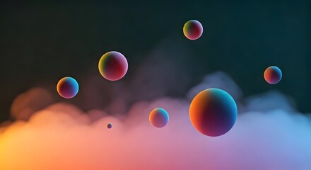 Gradient spheres floating in a haze of colorful fog, dreamy and ethereal, AI Generated