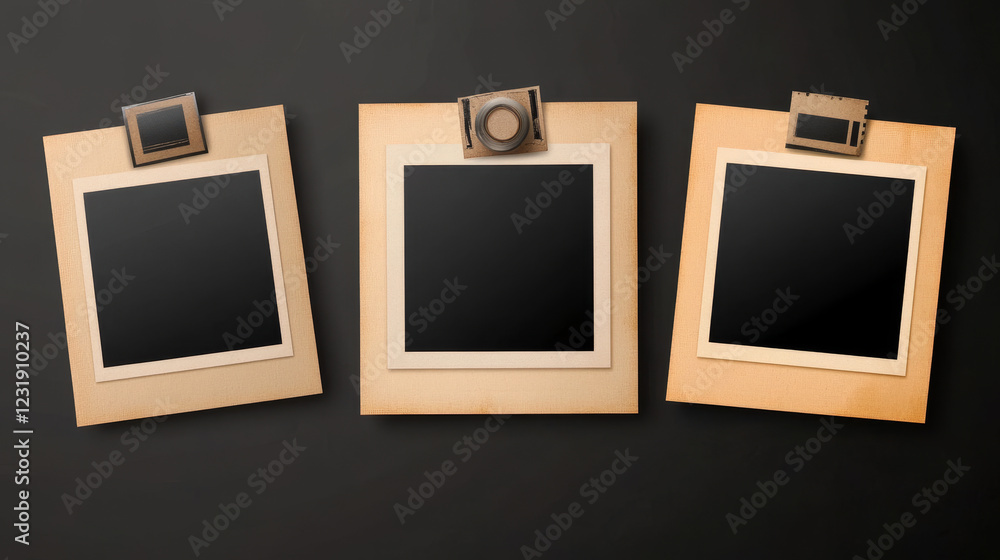Poster images collage template with photo frames with sticky tape. album or gallery mockup with empty paper