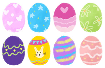 Easter eggs set collection in bright colorful pastel color illustration crayon doodle hand drawn kids children drawing png transparent clipart sticker cutout digital sticker