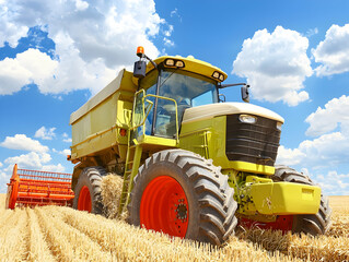 Fototapeta premium Tractor harvesting wheat field, sunny day