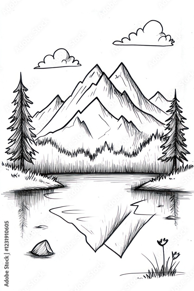 Poster a simple line drawing of a mountain range reflected in a lake with trees, clouds, and grass.