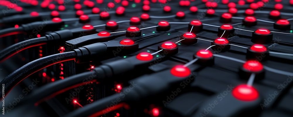 Poster interconnected network of red illuminated nodes and black cables