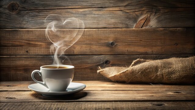 coffee on burlap sack in old wooden setting with smoke and heart shape, cup of joe, peaceful