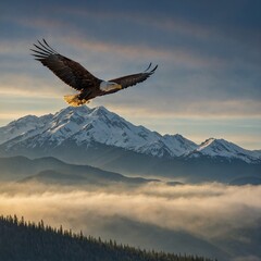 Fototapeta premium A majestic bald eagle soaring over a misty mountain range at sunrise.