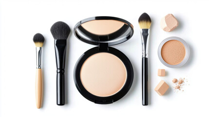 Makeup tools and products arranged neatly, featuring compact powder, brushes, and cream. soft peach tone adds touch of elegance to beauty essentials