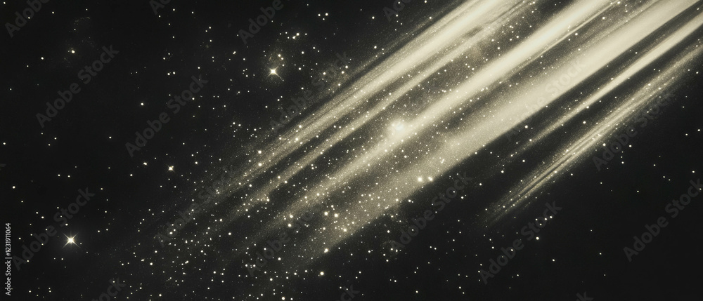 Poster floating particles create a delicate overlay texture against a deep black background