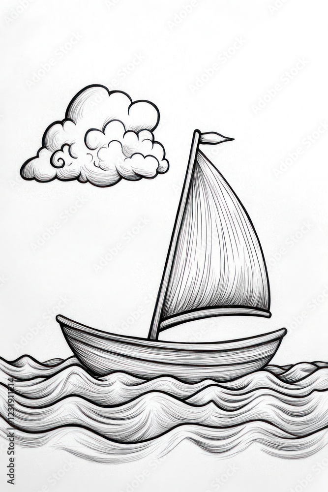 Poster a simple line drawing of a sailboat with a cloud in the sky, floating on waves.