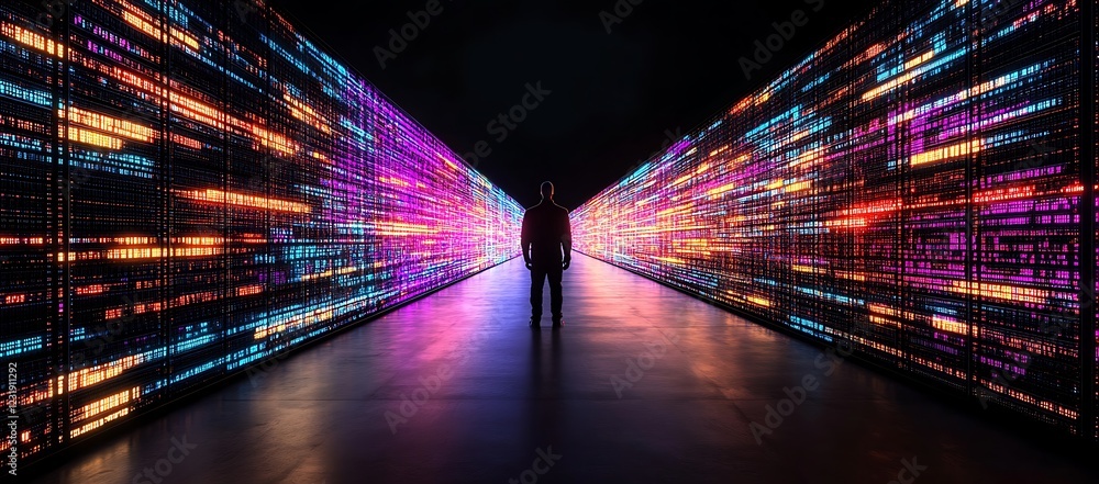 Aufkleber silhouetted figure standing within a glowing corridor of digital data streams.