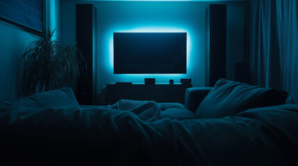 Movie night cartoon landing page, dark living room interior with tv and sofa top view at nighttime. Apartment with working television on wall, home entertainment, cinema amusement vector web banner