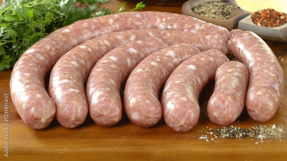 Poster an artistic composition of raw sausages neatly arranged on a rustic wooden surface, with seasonings 