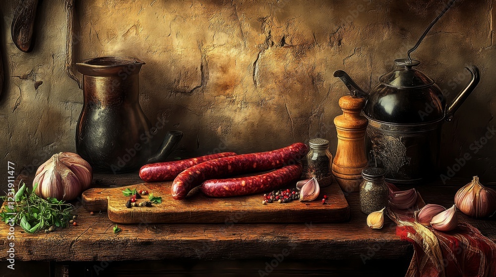 Poster an artistic composition of raw sausages neatly arranged on a rustic wooden surface, with seasonings 