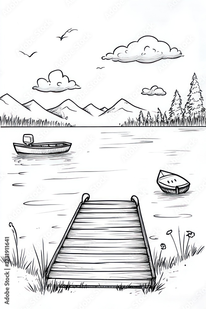 Poster a simple line drawing of a wooden dock extending out over a calm lake with mountains and trees in th