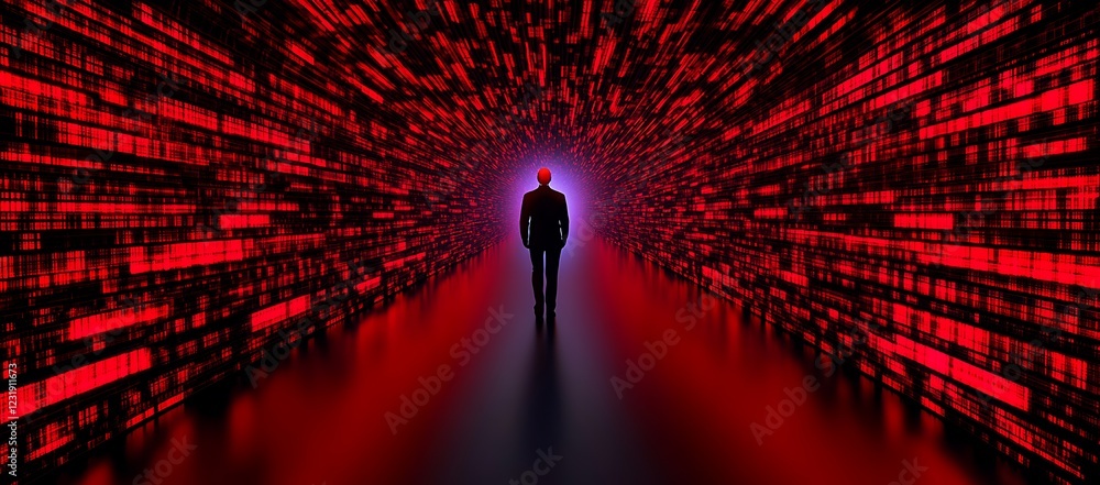 Aufkleber silhouette of a man walking towards a bright light in a tunnel of red digital code.