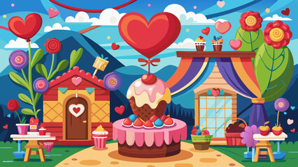 Fototapeta premium Colorful cartoon scene of a festive outdoor setup with a heart-shaped balloon, sweets, flowers, and decorated houses, creating a cheerful and celebratory atmosphere