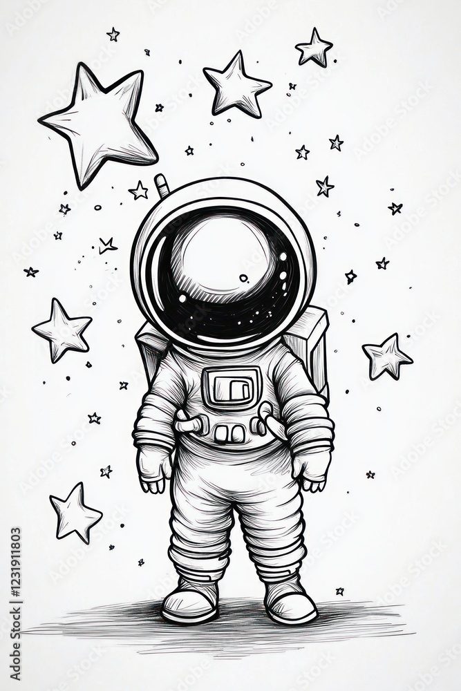 Poster a simple line drawing of an astronaut standing with stars in the background.