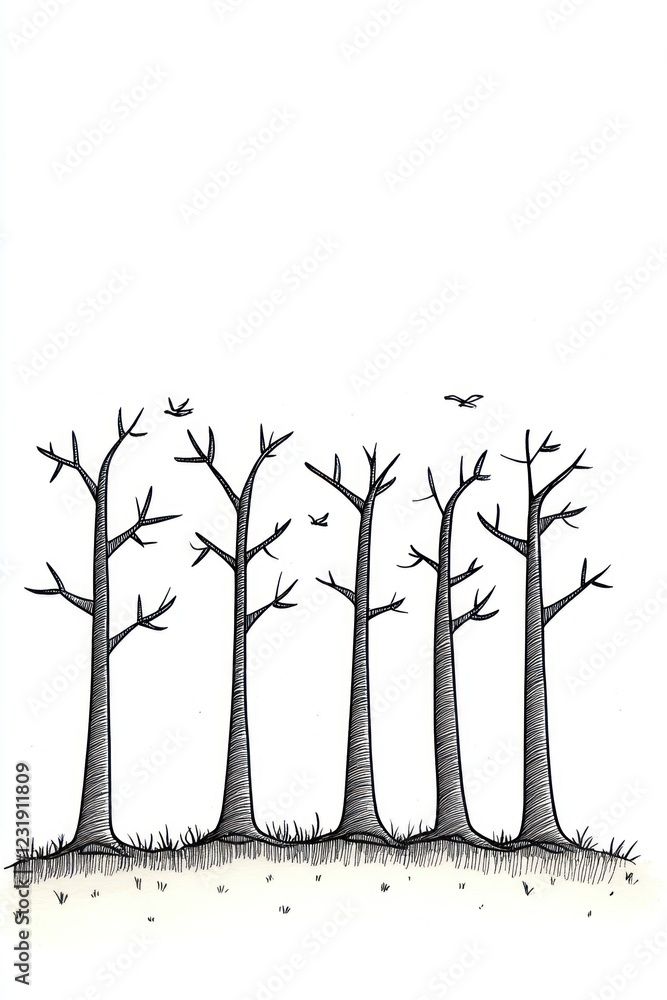 Poster a simple line drawing of four bare trees with two birds flying above.