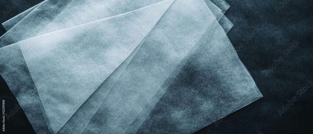 Poster partially transparent paper layers create subtle depth against a dark background