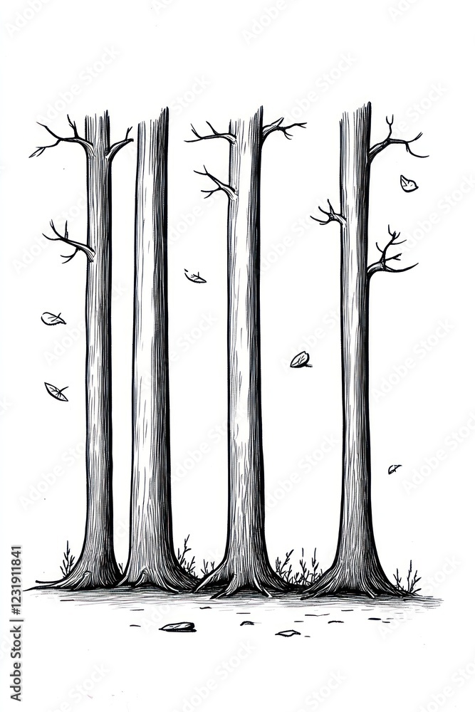 Poster a simple line drawing of four bare trees with leaves falling around them.