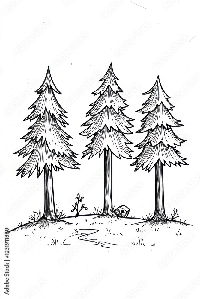 Poster a simple line drawing of three pine trees on a hill with a small bush and rock in the foreground.