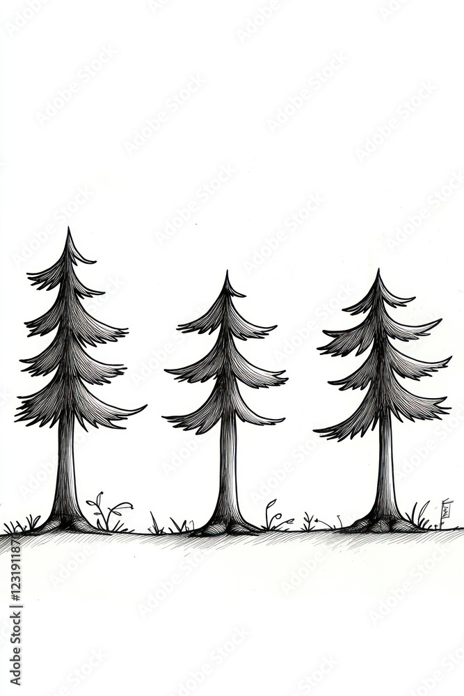 Poster A simple line drawing of three pine trees with a small amount of grass at the base.