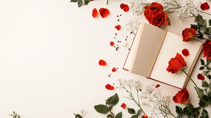 Romantic red roses elegant book floral arrangement studio flat lay perspective