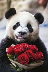 Naklejka premium A giant panda bear holding a bouquet of bright red roses