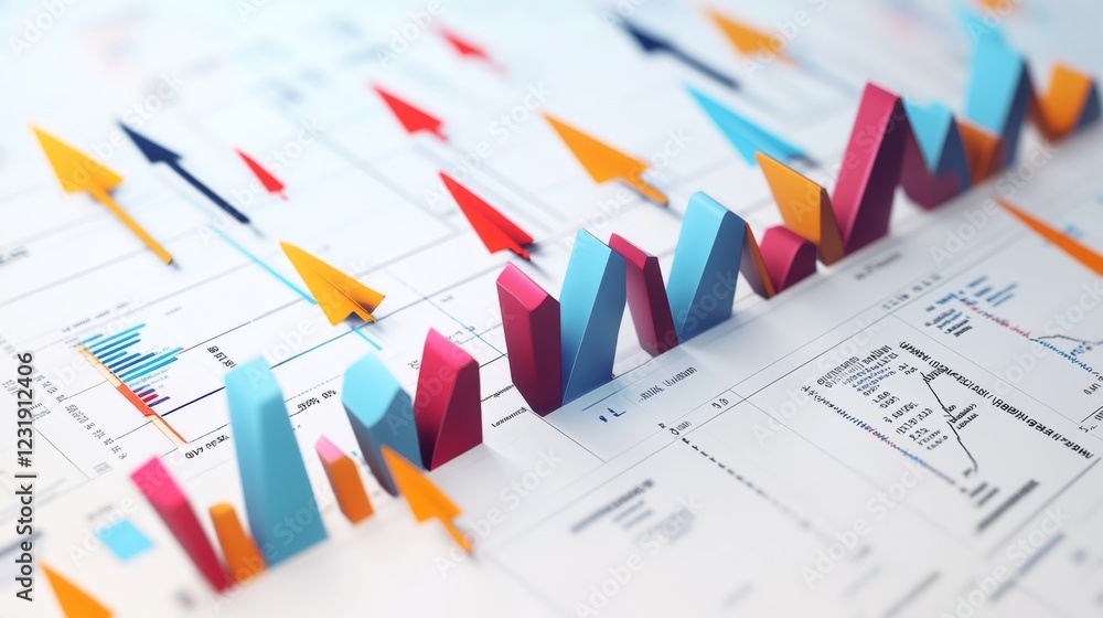 Poster a d-rendered stock market chart with arrows pointing upward and downward, symbolizing the highs and 
