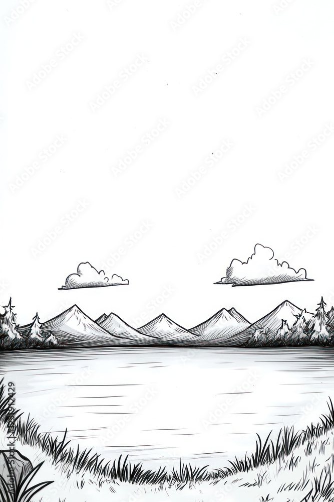 Poster a simple sketch of a lake with mountains and clouds in the background.
