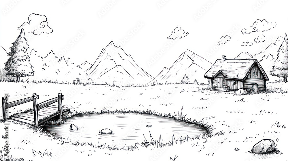 Poster a simple sketch of a rustic cabin with a small pond and bridge in a valley surrounded by mountains.