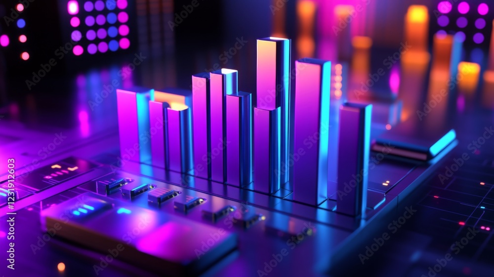 Fototapete a d bar chart with metallic, gradient bars rising from a financial graph, showing growth and progres