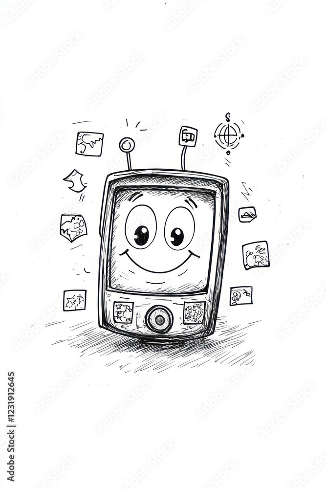 Poster a simple, hand-drawn cartoon of a happy smartphone with several icons around it, representing the ma