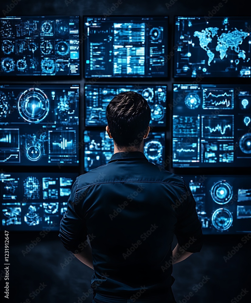 Poster man observing a wall of complex data screens, technological monitoring