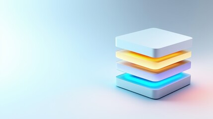 A modern stack of glowing, layered rectangles in vibrant colors against a soft gradient background, representing technology and innovation.