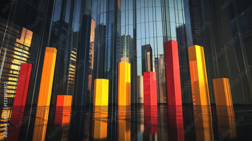 Poster a d bar graph with tall, glossy pillars in various colors rising from a reflective surface, symboliz
