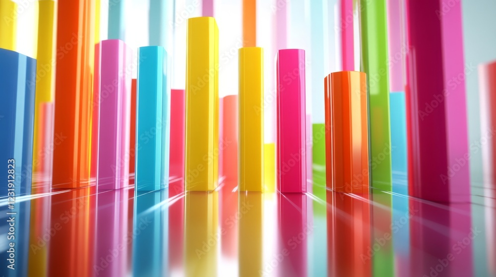 Poster a d bar graph with tall, glossy pillars in various colors rising from a reflective surface, symboliz