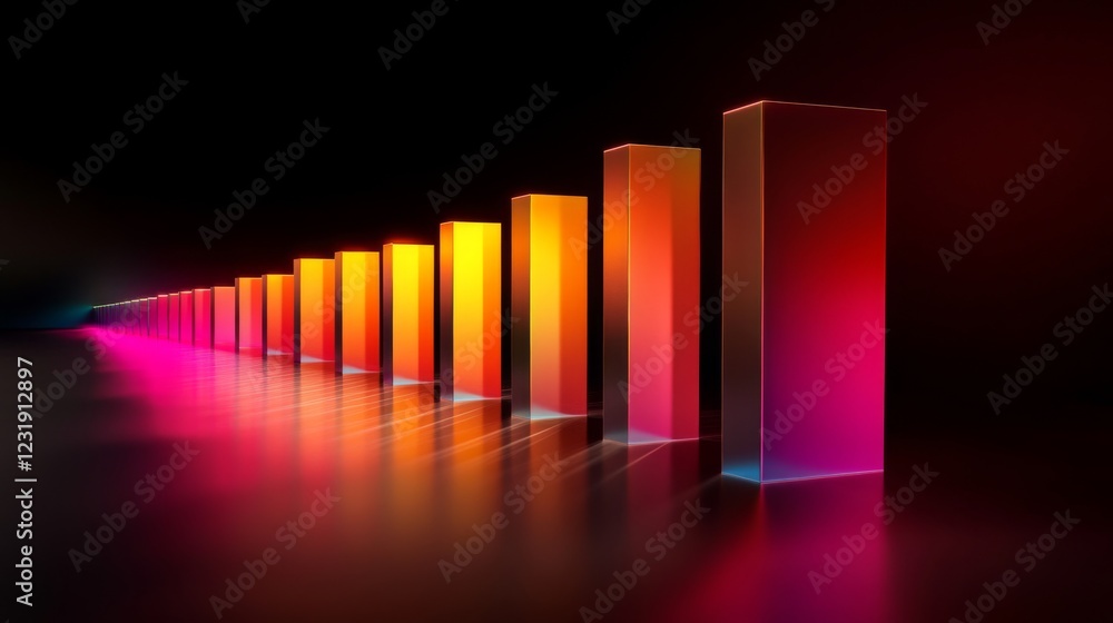 Poster a d financial bar chart with sleek, glowing bars rising dramatically against a dark backdrop, with s