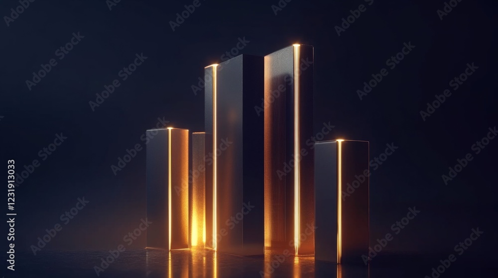 Poster a d financial bar chart with sleek, glowing bars rising dramatically against a dark backdrop, with s