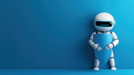 A cute robot in a spacesuit stands against a blue wall, holding a blue shield, evoking a sense of protection and technology.
