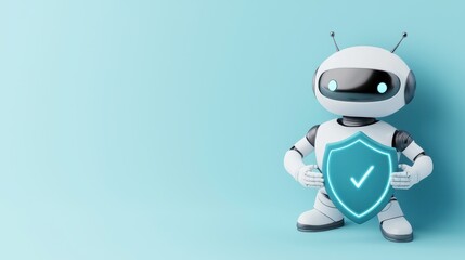 A cute robot holding a shield with a checkmark, symbolizing security and protection, set against a soft blue background.