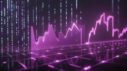 A D financial chart with rising columns and a glowing trendline, placed over a sleek digital grid with futuristic design elements