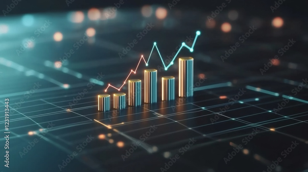 Poster A D financial graph with rising bars and an upward trending line chart, with metallic textures and subtle lighting effects, floating in digital space