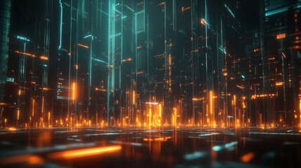 A D financial chart with rising columns and a glowing trendline, placed over a sleek digital grid with futuristic design elements