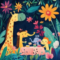 Animals Enjoying An Afternoon Tea Party In A Garden