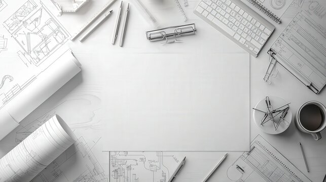 Minimalist Workspace with Drafting Tools and Empty Paper Layout