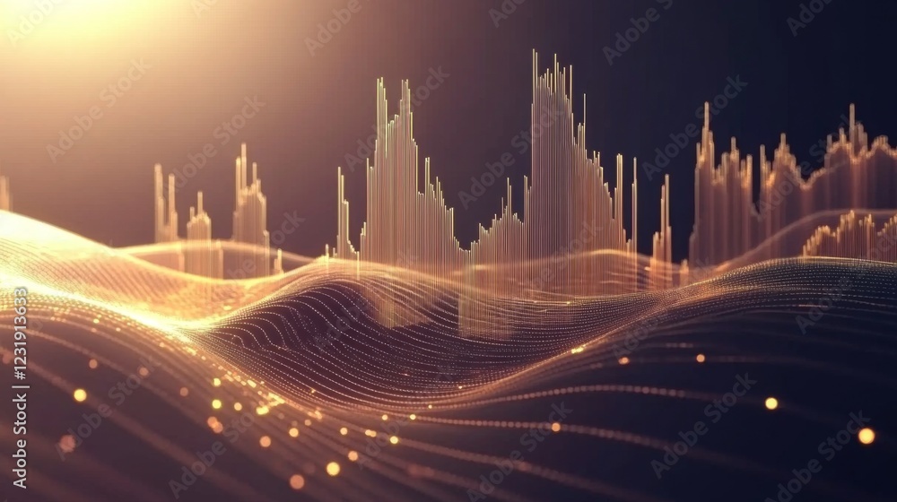 Poster a d financial graph with rising bars and an upward trending line chart, with metallic textures and s