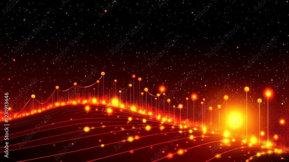Poster a d financial line graph with smooth, curving lines connecting glowing points, showing a steady upwa