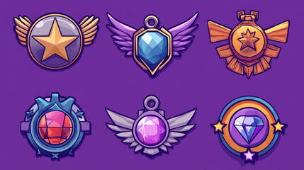 Obraz premium Set of military game progress badges isolated on background. Vector cartoon illustration of purple army medal decorated with star, gemstone, wings and silk royalpennant. Gui design element