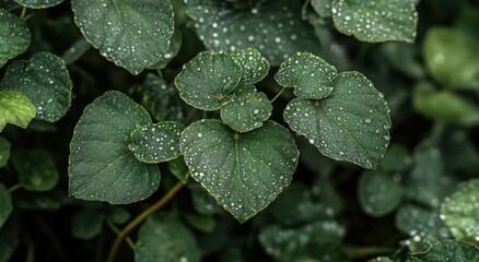 Dew-kissed green leaves showcasing their intricate veins in a tranquil garden setting during early morning light